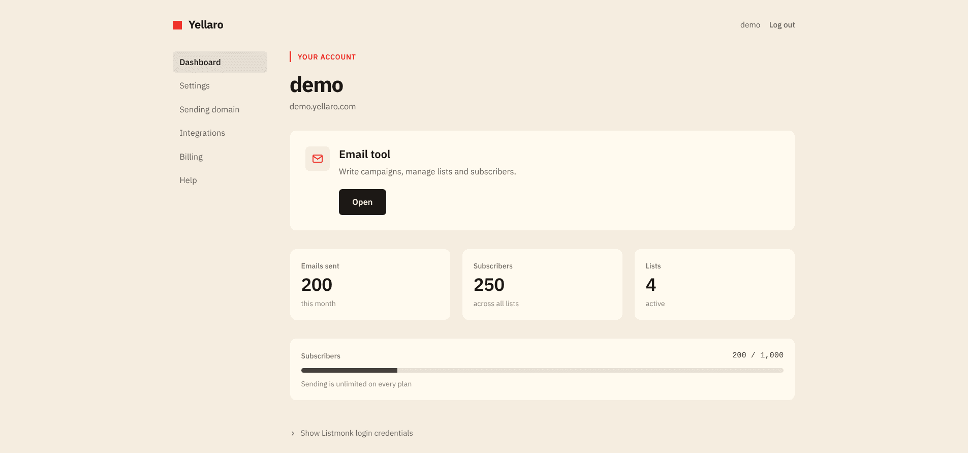 The Yellaro dashboard